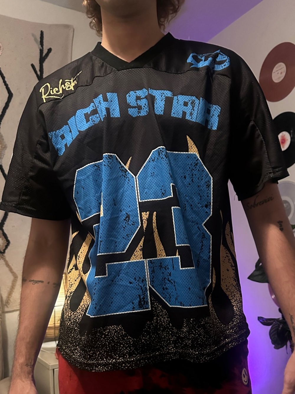 SHEIN Black Mesh Football Jersey with Blue Number 23 & Gold Flames